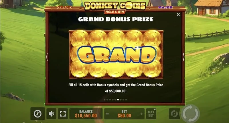 Donkey Coins Hold & Win - skærm med Mini, Minor, Major, Grand Jackpots